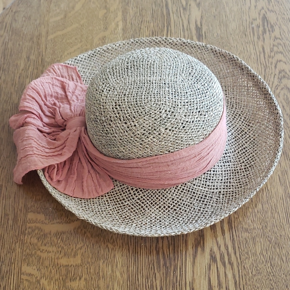 Natural Straw Sun Hat with Blush Pink/Light Salmon Scarf Band